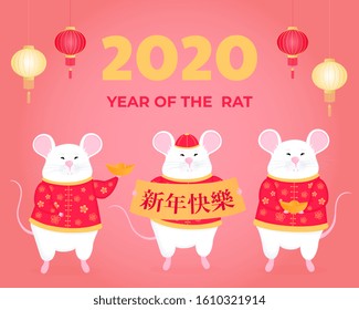 Year of the rat 2020. White mouse holding a sign with wishes. Title translation: Happy Chinese New Year. Mice with golden ingot. Design of poster, banner for Spring Festival in China with lanterns