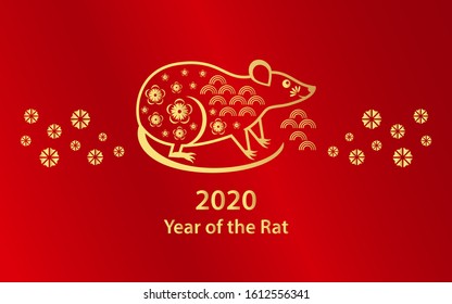 Year of the Rat Chinese New Year 2020 in Gold text and elements in red gradient background. Lined Chinese Rat, Zodiac sign for greetings card, flyers, invitation, posters, brochure, banners, calendar.