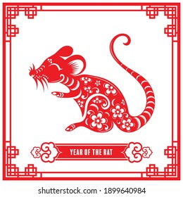 Year of the rat for chinese new year 2020 or chinese fastival , lucky zodiahc lucky of the year red paper cut with craft style on background.