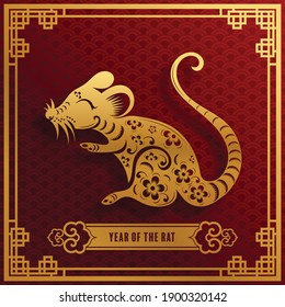 Year of the rat for chinese new year 2020,2032 or chinese fastival , lucky zodiahc lucky of the year red and gold paper cut with craft style on background.