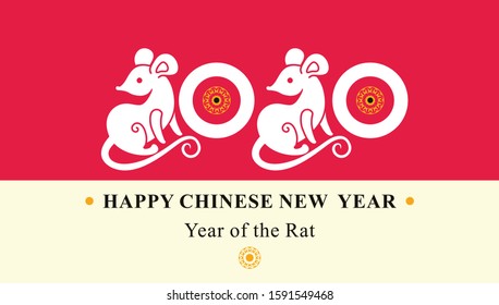 Year of the Rat. Chinese New Year. Beautiful template 2020 flat design with two cute white rats on a red background. Year of the metal white rat 2020 vector template.
