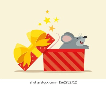 The Year of the rat, chinese zodiac symbols. Cute mouse in the christmas gift box. New year 2020, Happy Christmas greeting card. Vector illustration, flat design cartoon style. Isolated background.