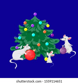 Year of the rat Christmas. Cute mouse decorate the Christmas tree. New Year card isolated on a white background. Baby stock vector.