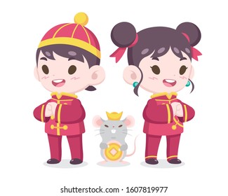 Year of a rat : Cute cartoon style Chinese boy and girl in traditional costume with a rat illustration