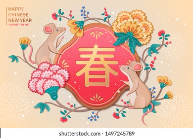 Year of the rat design with cute mouse and spring couplet in paper art, spring written in Chinese words