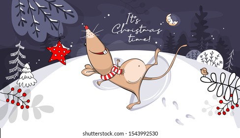 Year of the rat. Funny Rat in a striped scarf makes a snow angel. Fantastic winter Landscape. Merry Christmas and New Year card, hand drawn style print. Vector illustration.