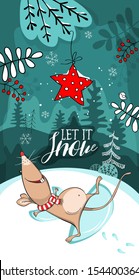 Year of the rat. Funny Rat in a striped scarf makes a snow angel. Fantastic winter Landscape. Merry Christmas and New Year card, hand drawn style print. Vector illustration.