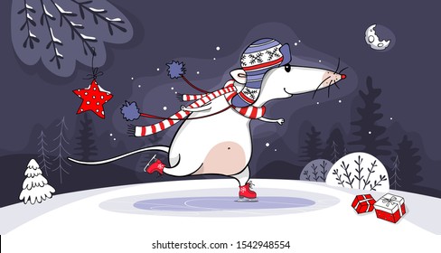 Year of the rat lunar calendar. Funny rat in a striped scarf, in a knitted hat, in skates under the star and moon. Merry Christmas and New Year card, hand drawn style print. Vector illustration.