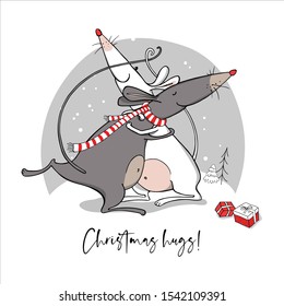 Year of the rat lunar calendar. Two rats cuddling. Character in a red striped scarf and with gifts. Christmas hugs – lettering quote. New Year card, hand drawn style print. Vector illustration.