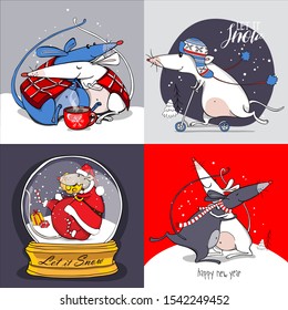 Year of the rat lunar calendar. Two rats cuddling, character on a scooter, Santa, Glass snow globe. Merry Christmas and New Year set of cards, hand drawn style print. Vector illustration.