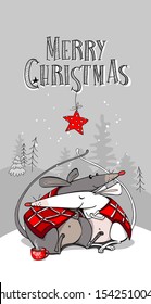 Year of the rat lunar calendar. Two rats cuddling in red checkered plaid under the star. Warm winter. Merry Christmas and New Year card, hand drawn style print. Vector illustration.