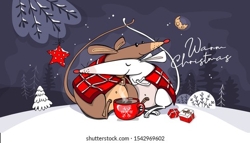 Year of the rat lunar calendar. Two rats cuddling in red checkered plaid under the star and moon. Warm winter. Merry Christmas and New Year card, hand drawn style print. Vector illustration.