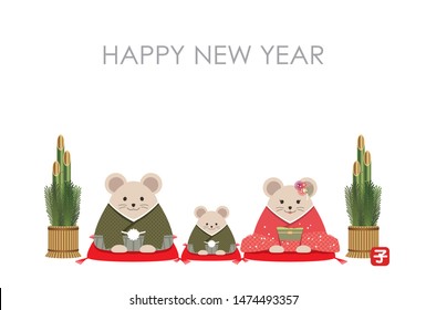 The Year of the Rat New Year’s greeting card template with personified rat dressed in Japanese kimono. Vector illustration, isolated on a white background.