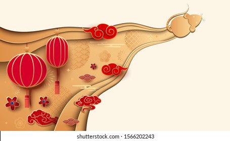 Year of the Rat - paper cut style New Year vector poster or greeting card template, Golden background,red lantern and auspicious cloud pattern