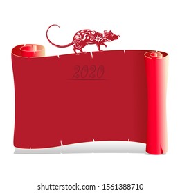 Year of the rat, red silhouette. On blank parchment. Decoration for 2020 Chinese year of the rat, on a white background, vector