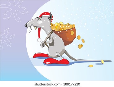 Year of the rat. Twelve Zodiac Animals. Cute rat in holiday red hat with a bag of money