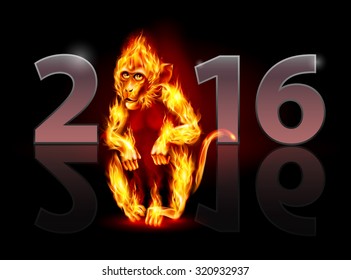 Year Of The Red Fire Monkey. Greeting Card on black background for design