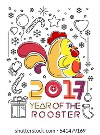 Year of the Rooster 2017. Line icon set for Christmas and New Year. Year of the Rooster on the Chinese Lunar Calendar. Vector illustration