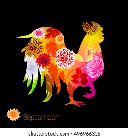 Year of the rooster in the Chinese lunar calendar. Cock is a symbol of year, month of September. Silhouette of a rooster with ornaments of flowers.