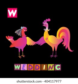 Year of the rooster. Cute cartoon english alphabet with colorful  image and word. Kids vector ABC. Letter W