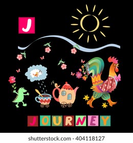 Year of the rooster. Cute cartoon english alphabet with colorful  image and word. Kids vector ABC. Letter J