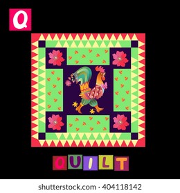 Year of the rooster. Cute cartoon english alphabet with colorful  image and word. Kids vector ABC. Letter Q