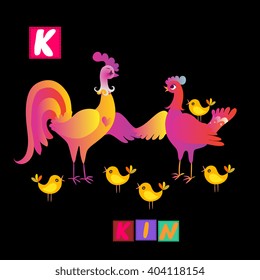 Year of the rooster. Cute cartoon english alphabet with colorful  image and word. Kids vector ABC. Letter K