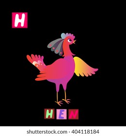 Year of the rooster. Cute cartoon english alphabet with colorful  image and word. Kids vector ABC. Letter H