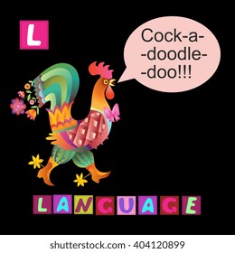 Year of the rooster. Cute cartoon english alphabet with colorful  image and word. Kids vector ABC. Letter L