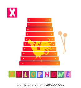 Year of the rooster. Cute cartoon english alphabet with colorful image and word. Kids vector ABC. Letter X. Xylophone.