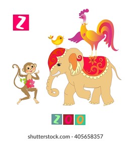 Year of the rooster. Cute cartoon english alphabet with colorful image and word. Kids vector ABC. Letter Z. Zoo.