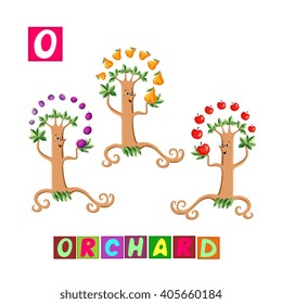 Year of the rooster. Cute cartoon english alphabet with colorful image and word. Kids vector ABC. Letter O. Orchard.