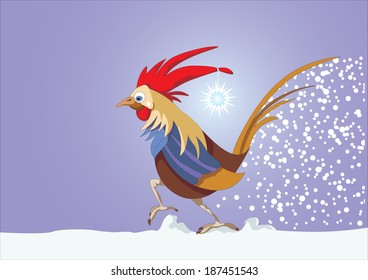 Year of the rooster. Twelve Zodiac Animals. Cute cock walking on snow