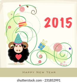 Year of the Sheep 2015 celebrations greeting with cute black sheep on beautiful floral design and gift box decorated background.
