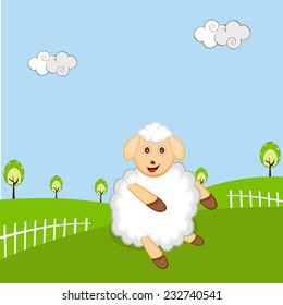 Year of the sheep 2015, New year celebrations greeting card design with cute cartoon of a sheep on nature view background.