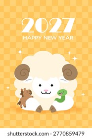 Year of the Sheep 2027 vertical card with zodiac horse and snake. Cute chinese zodiac animals in a cartoon style.