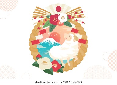 Year of the Sheep New Year card with Mt Fuji, shimekazari and copyspace