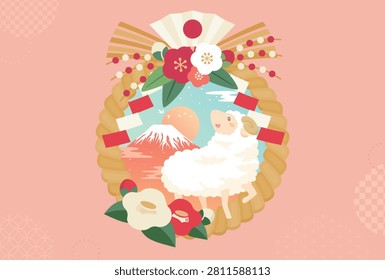 Year of the Sheep New Year card with Mt Fuji, shimekazari and copyspace