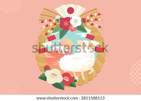 Year of the Sheep New Year card with Mt Fuji, shimekazari and copyspace