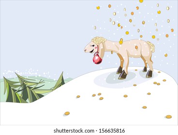 Year of the sheep. Zodiac animals. Cute sheep under falling gold coins on a snowy hill.