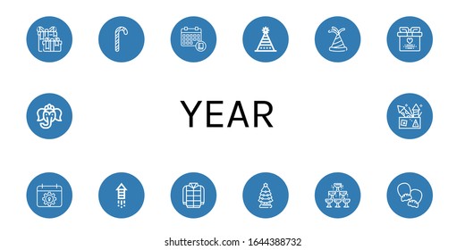 year simple icons set. Contains such icons as Wedding gift, Candy canes, Schedule, Fun hat, Party hat, Calendar, Fireworks, Winter, Christmas tree, can be used for web, mobile and logo