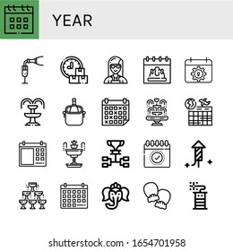 year simple icons set. Contains such icons as Calendar, Champagne, Schedule, Planner, Fountain, Ice bucket, Fireworks, Ganesha, Mittens, Firecracker, can be used for web, mobile and logo