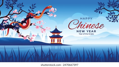 Year of the snake 2025 banner design. red snake, pagoda, cherry trees with blue lake landscape