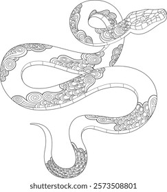 Year Of The Snake 2025 Black And White Decorative Snake. Vector Hand Drawn Illustration Isolated On Transparent Background