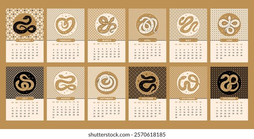 Year of the Snake 2025 calendar. Set of wall calendar pages design with various geometric serpents. Week starts on Sunday. Ideal for corporate calendars, holiday gift, branding materials, promo