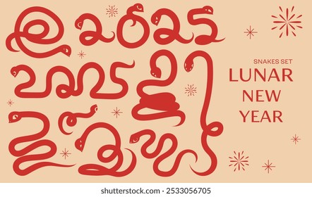 Year of the Snake 2025 — Chinese New Year Illustration with Elegant Snake Shapes and Traditional Lunar New Year Elements print vector