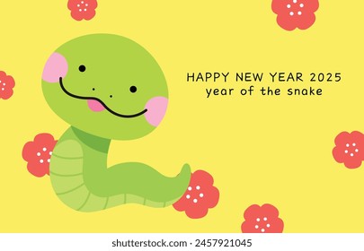 Year of the snake 2025 cute snake with plum pattern. Happy chinese new year 2025 greeting card with flowers background.