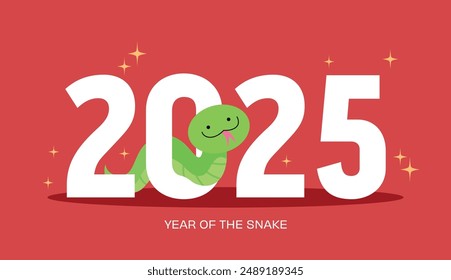 Year of the snake 2025 funny vector card with cute green baby snake on red background.