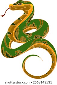 Year Of The Snake 2025 Green Snake With Decorative Golden Elements. Vector Hand Drawn Illustration Isolated On Transparent Background