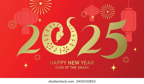 Year of the snake 2025 paper cutting style. Zodiac snake forming numbers. Chinese new year 2025 traditional greeting card with red lanterns and fireworks pattern.